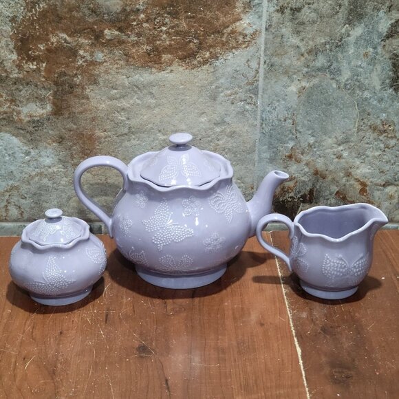 Temptations Lavendar Lilac Tea Set Teapot Sugar Bowl Creamer Embossed Butterfly - Picture 11 of 15